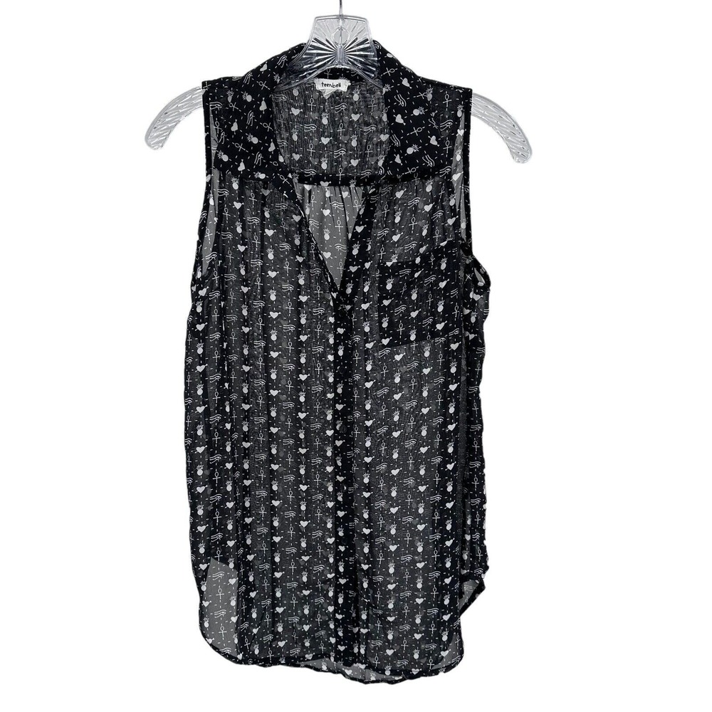 Teenbell Women M Sheer Black Sleeveless Button Down Blouse Pineapple Ankh Print